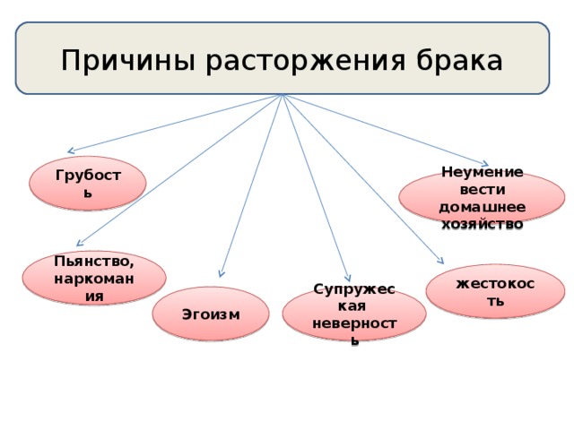 Причины расторжения брака Грубость Неумение вести домашнее хозяйство Пьянство, наркомания жестокость Эгоизм Супружеская неверность