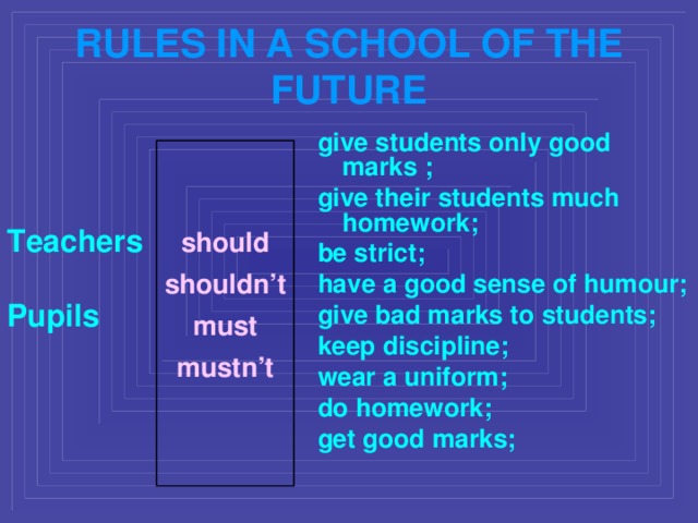Students can only have parties in their. Rules in School. School Rules must mustn't. School Rules should. Rules in my School.