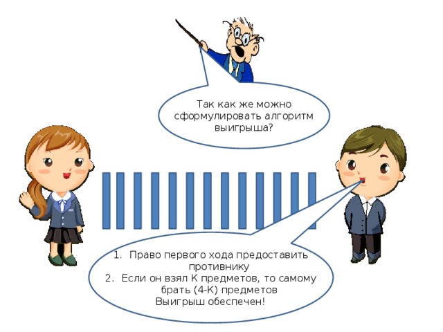 Так как же можно сформулировать алгоритм выигрыша? Право первого хода предоставить противнику Если он взял К предметов, то самому брать (4-К) предметов Выигрыш обеспечен!