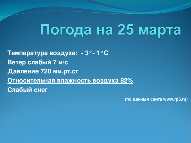 Температура воздуха: - 3°- 1° C Ветер слабый 7 м/с Давление 720 мм.рт.ст Относительная влажность воздуха 82% Слабый снег  (по данным сайта www.rp5.ru)