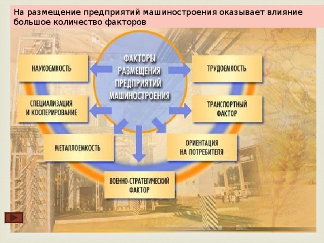 На размещение предприятий машиностроения оказывает влияние большое количество факторов