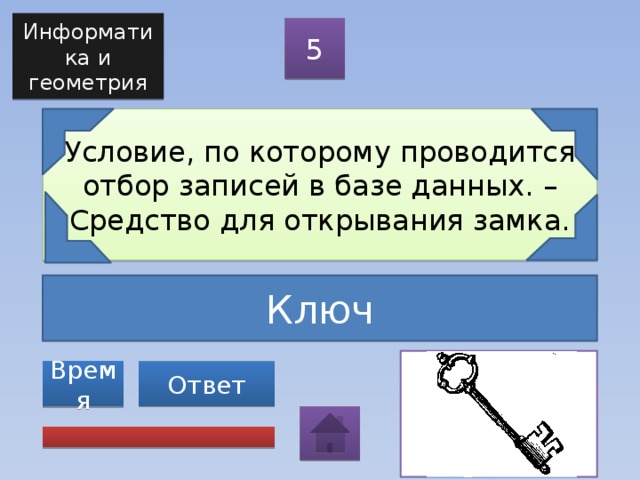 Информатика и геометрия 5 Условие, по которому проводится отбор записей в базе данных. – Средство для открывания замка. Ключ Ответ Время