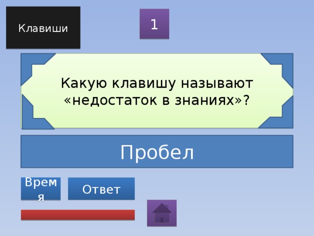 Клавиши 1 Какую клавишу называют «недостаток в знаниях»? Пробел Ответ Время