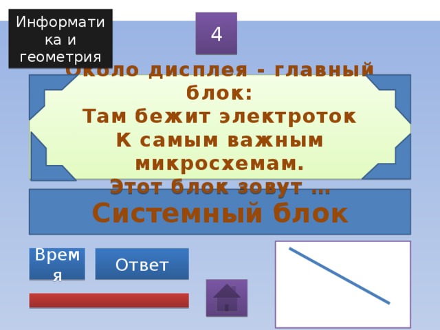 Информатика и геометрия 4 Около дисплея - главный блок:  Там бежит электроток  К самым важным микросхемам.  Этот блок зовут …  Системный блок Ответ Время