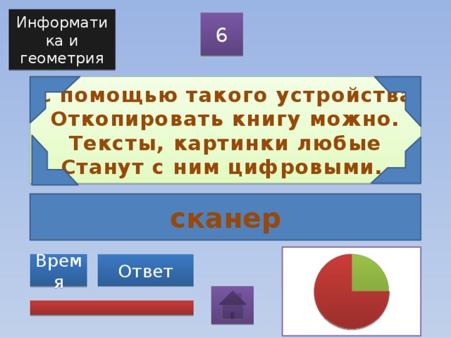 Информатика и геометрия 6 С помощью такого устройства  Откопировать книгу можно.  Тексты, картинки любые  Станут с ним цифровыми. сканер Ответ Время