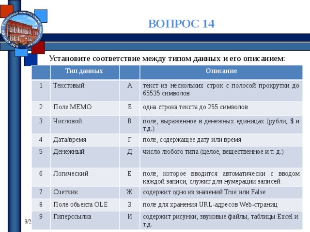 Установите соответствие тип данных примеры