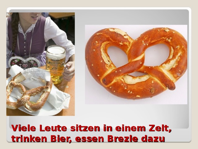 Viele Leute sitzen in einem Zelt, trinken Bier, essen Brezle dazu