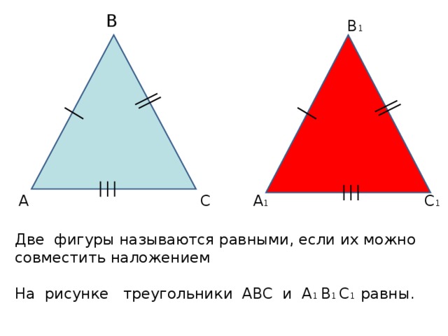 В В 1 С 1 А 1 С А Две фигуры называются равными, если их можно совместить наложением На рисунке треугольники АВС и А 1 В 1 С 1 равны.