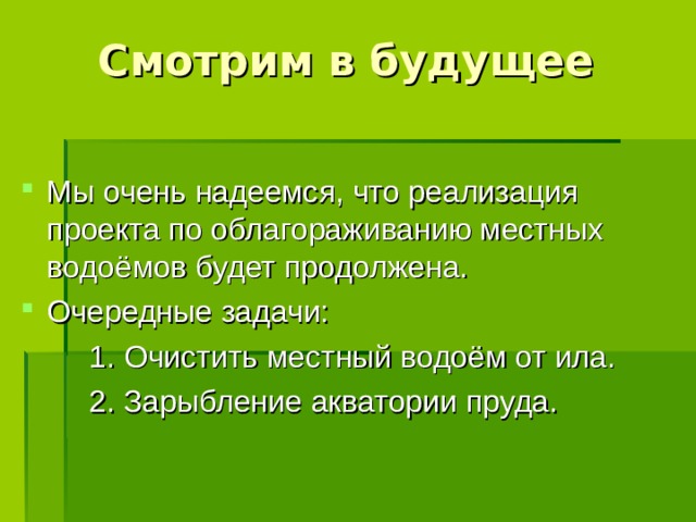 Смотрим в будущее Мы очень надеемся, что реализация проекта по облагораживанию местных водоёмов будет продолжена. Очередные задачи:  1. Очистить местный водоём от ила.  2. Зарыбление акватории пруда.