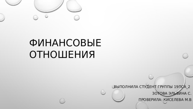 Финансовые отношения  Выполнила студент группы 19ПСА_2  Зотова эльвина с. Проверила: Киселева м.в