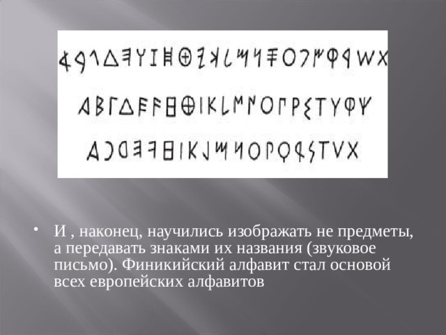 И , наконец, научились изображать не предметы, а передавать знаками их названия (звуковое письмо). Финикийский алфавит стал основой всех европейских алфавитов