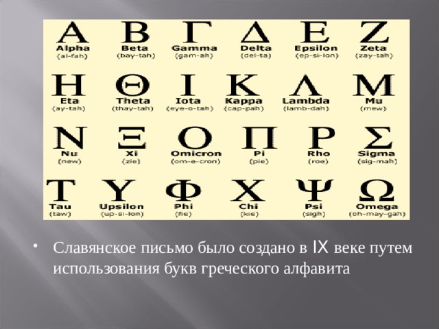 Славянское письмо было создано в IX веке путем использования букв греческого алфавита