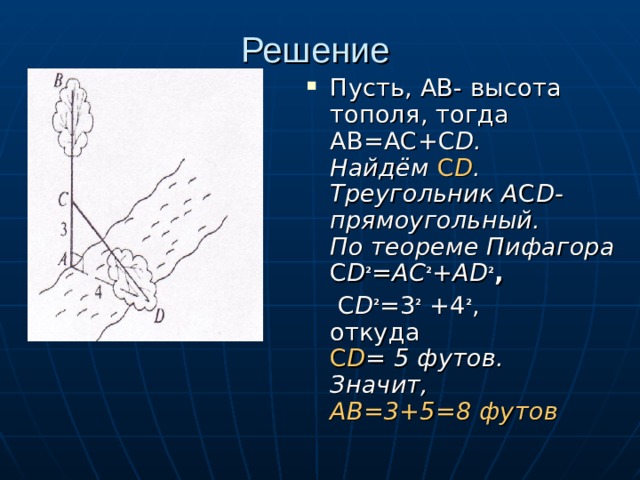 Решение Пусть, АВ- высота тополя, тогда АВ=АС+С D. Найдём С D . Треугольник А С D- прямоугольный. По теореме Пифагора С D ² =АС ² +АD ² ,  С D ² =3 ² +4 ² ,  откуда  С D = 5 футов. Значит, АВ=3+5=8 футов