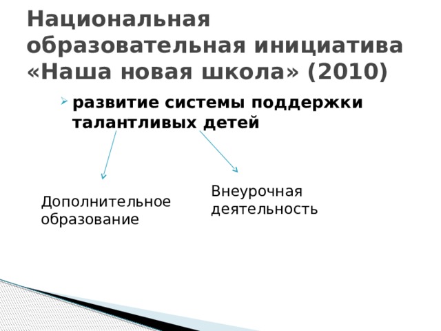 Национальная образовательная инициатива «Наша новая школа» (2010) развитие системы поддержки талантливых детей Внеурочная деятельность Дополнительное образование