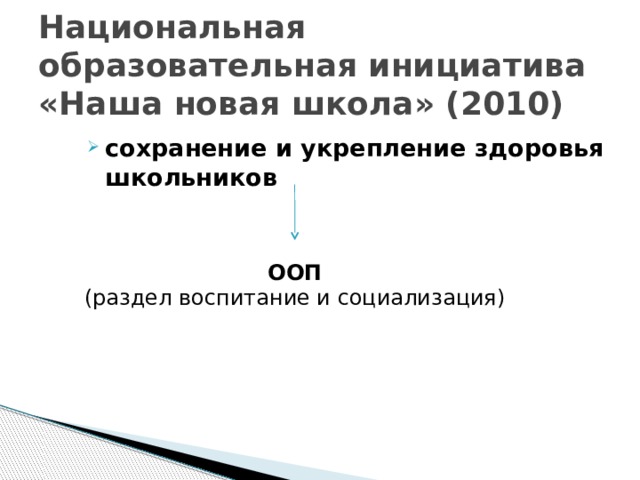 Национальная образовательная инициатива «Наша новая школа» (2010) сохранение и укрепление здоровья школьников ООП (раздел воспитание и социализация)