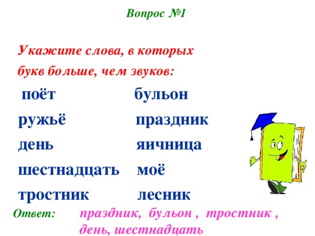 Слова в которых букв больше чем звуков